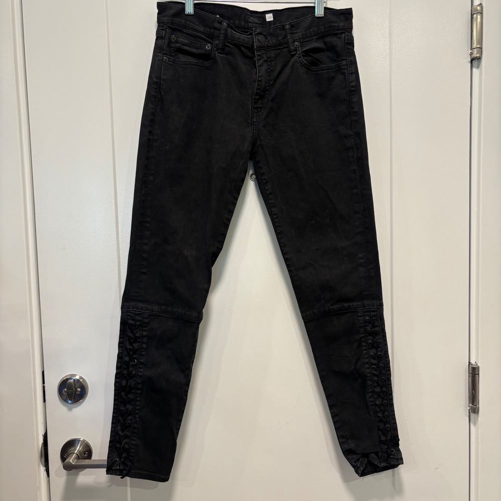 Polo Ralph Lauren Black Lace Up Moto Skinny Jeans Womens Size 30 Stretch Denim